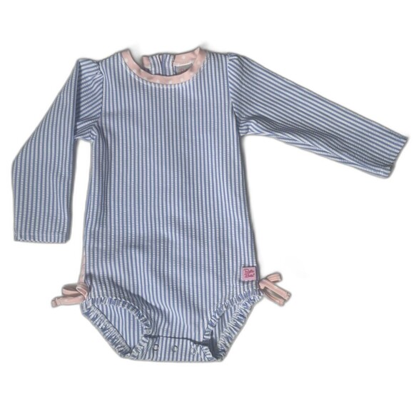 Ruffle Butts Seersucker  Long Sleeve Rashguard ONE PIECE 2T Blue Pink EUC - Picture 1 of 10